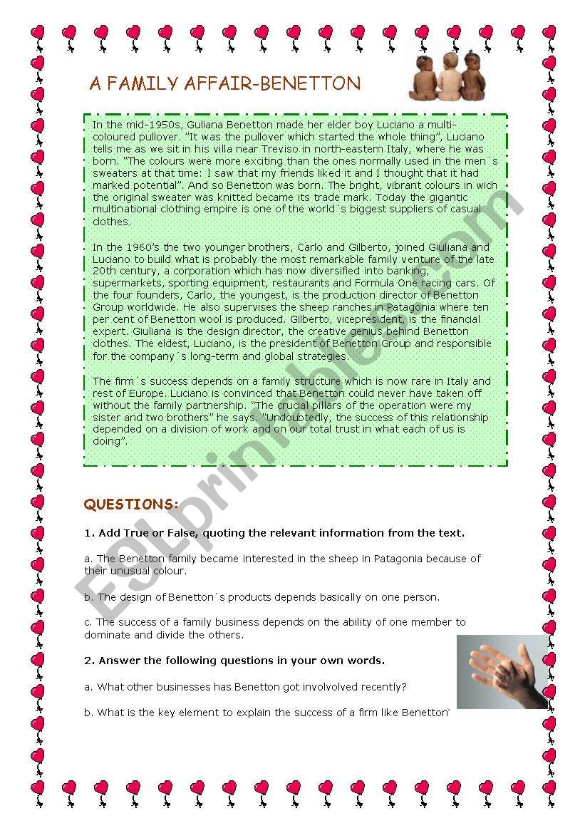Benetton reading worksheet