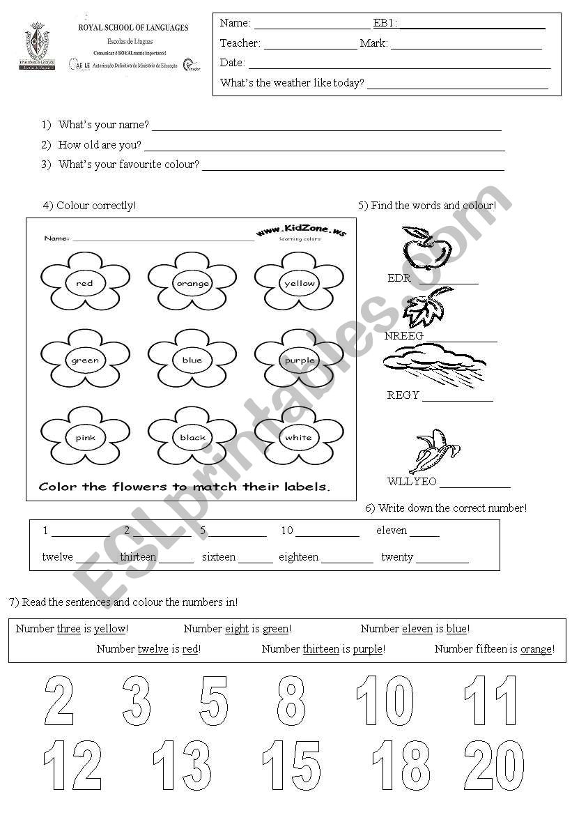 Colours/numbers worksheet