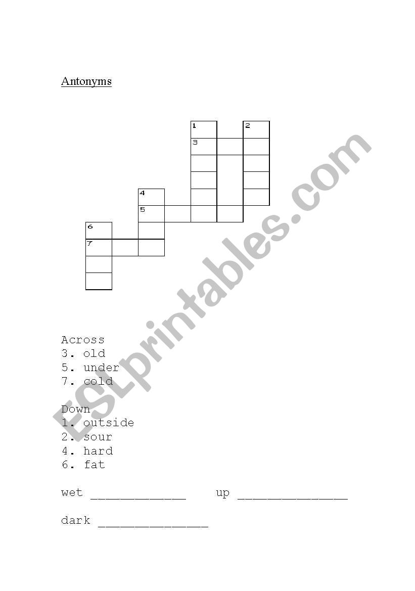 Antonym crossword worksheet