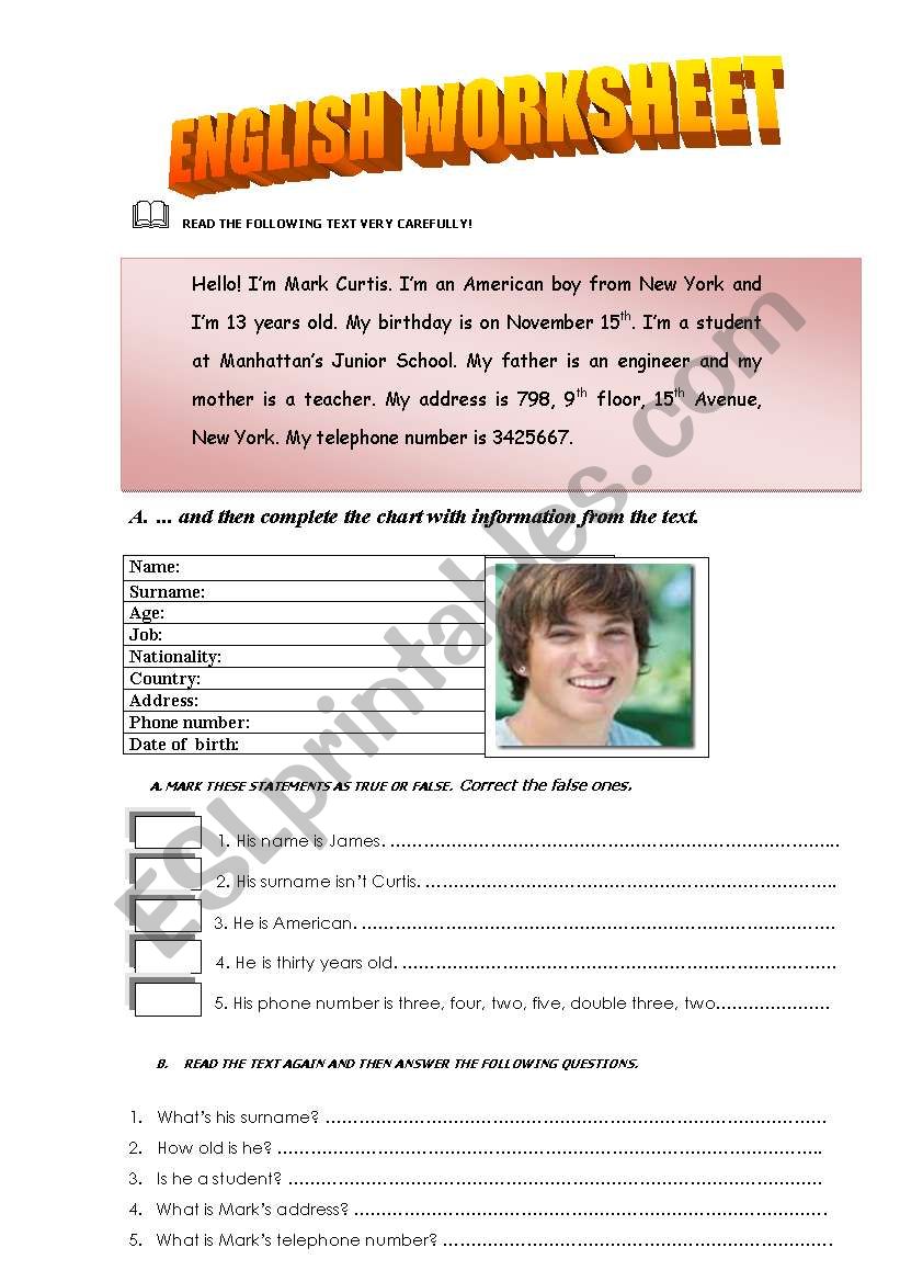 Personal Identification worksheet