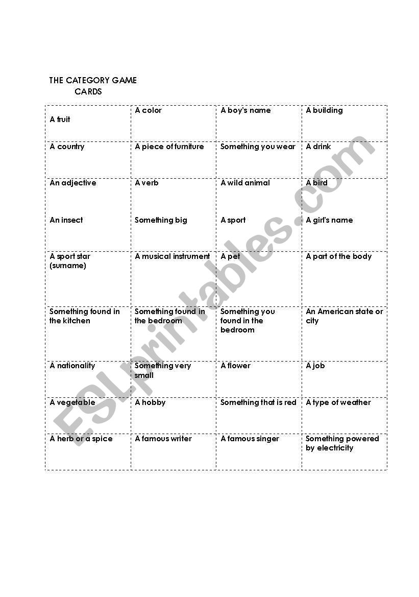 Category game worksheet