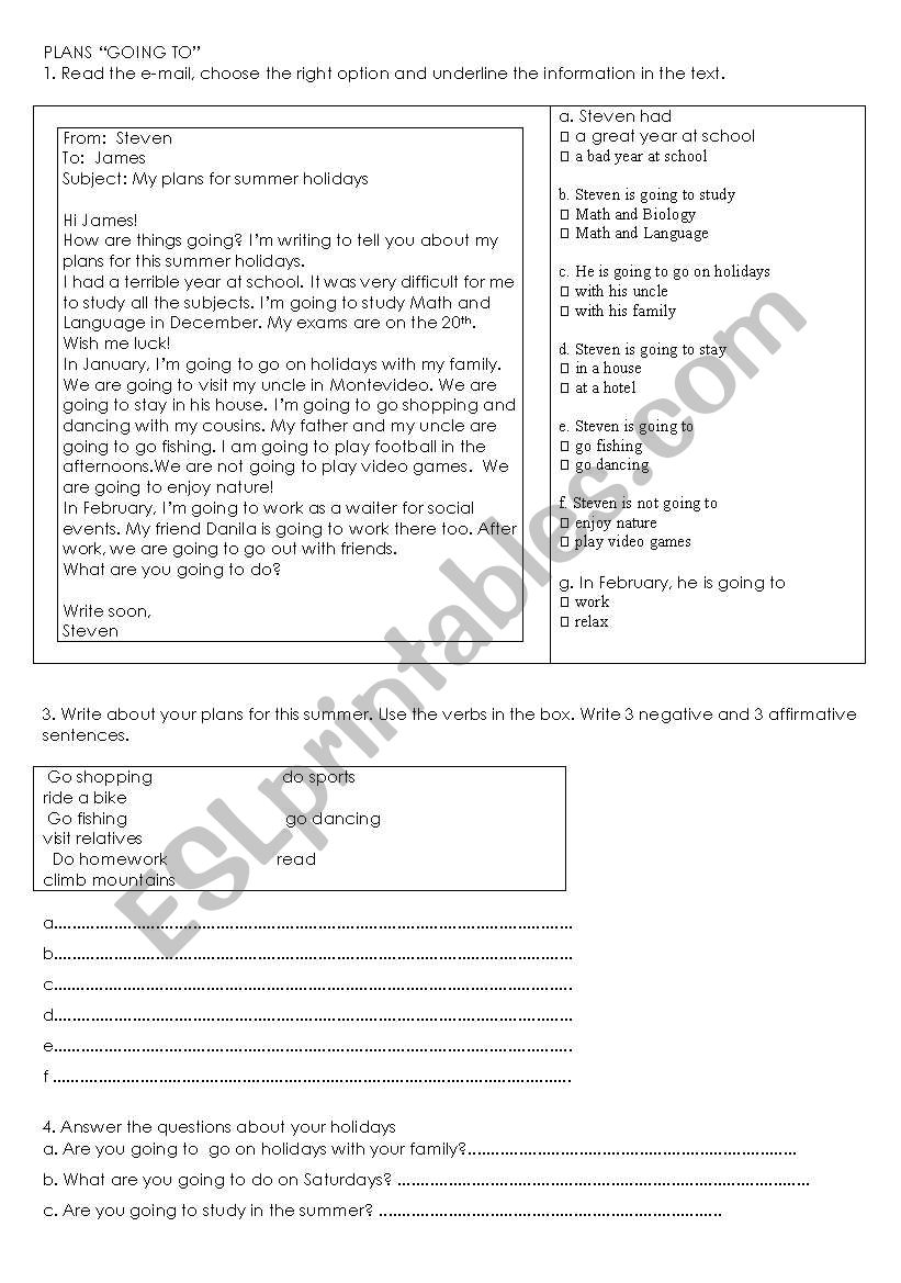 GOIN TO for plans worksheet