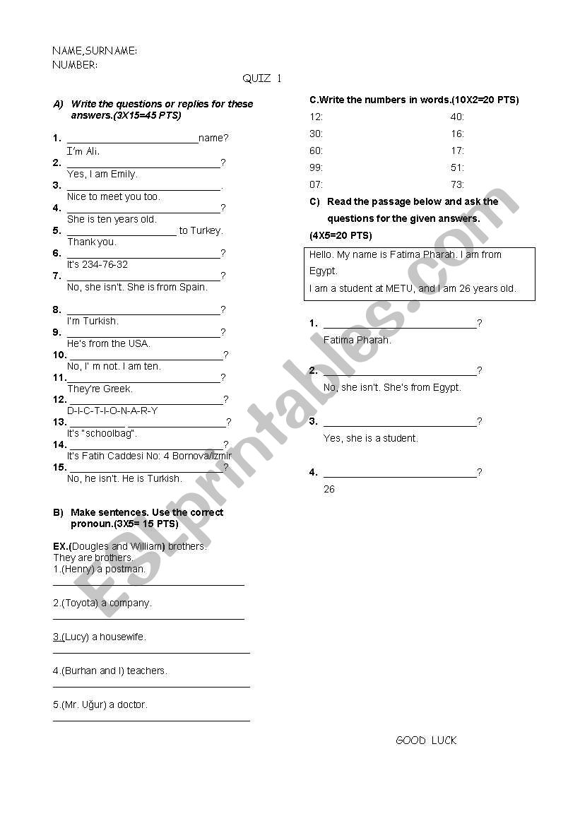 9th grade quiz worksheet