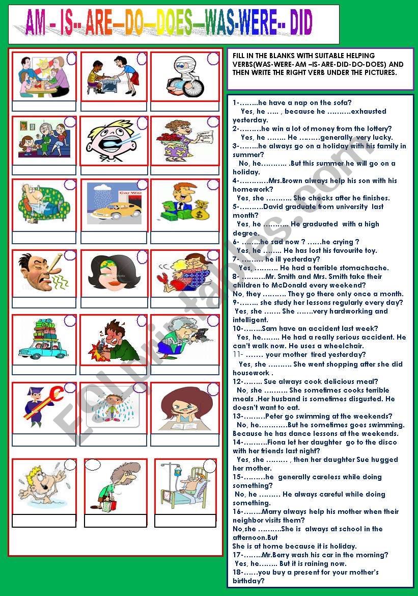 AM IS ARE WAS WERE DO DOES DID ESL Worksheet By Nivida