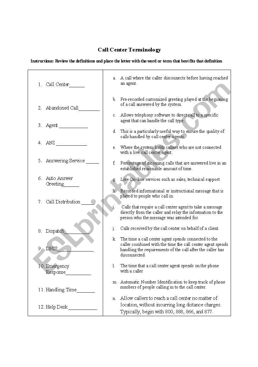 call center vocabulary worksheet