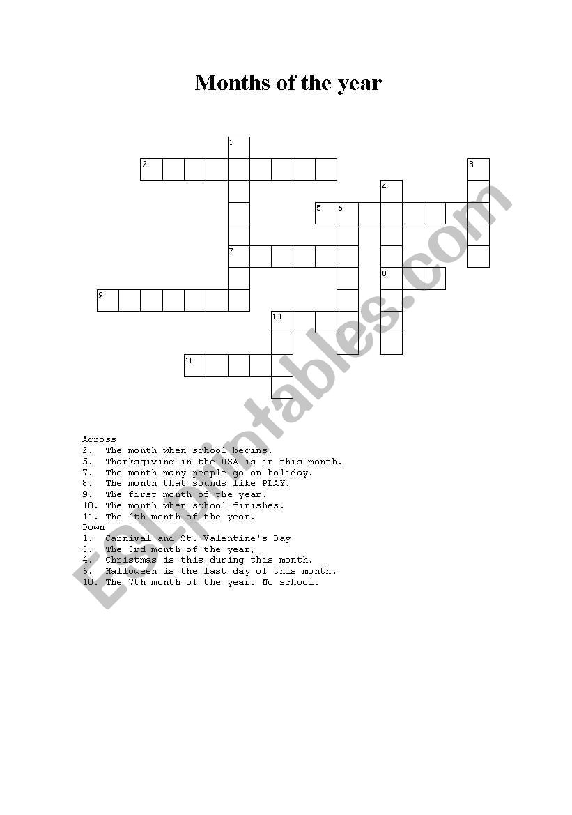 Months of the year crossword worksheet