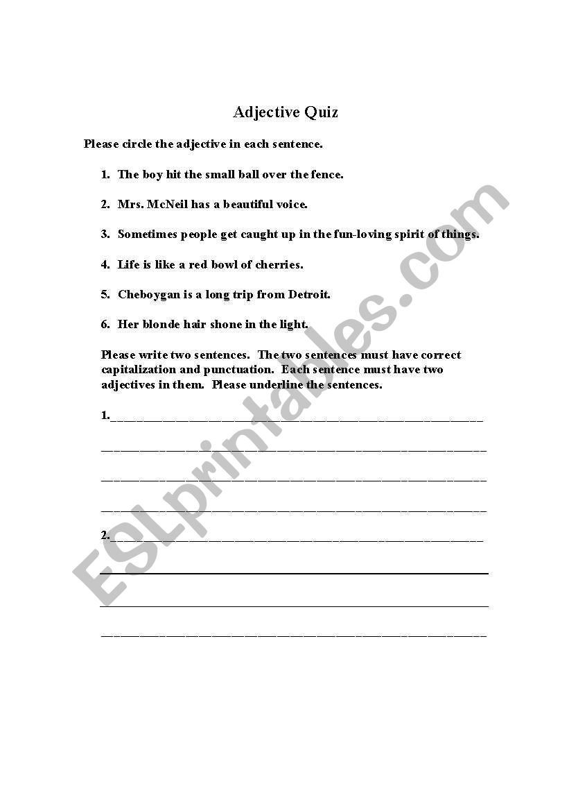 Adjective Quiz worksheet