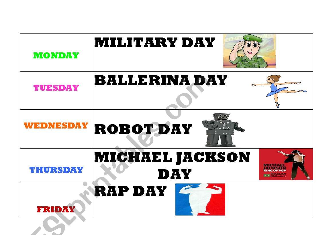 Days of the week game worksheet