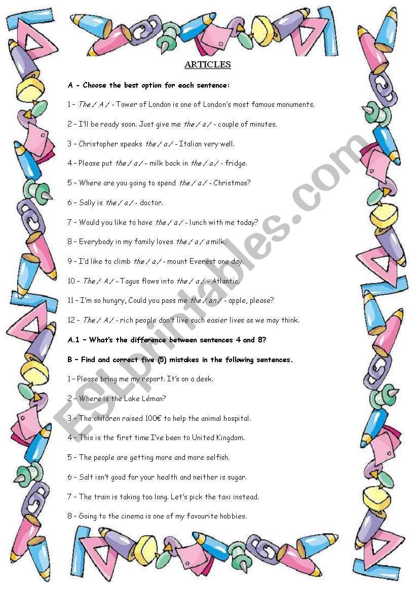 Articles worksheet