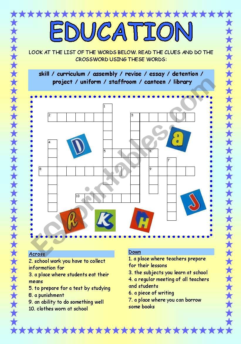 Education crossword worksheet