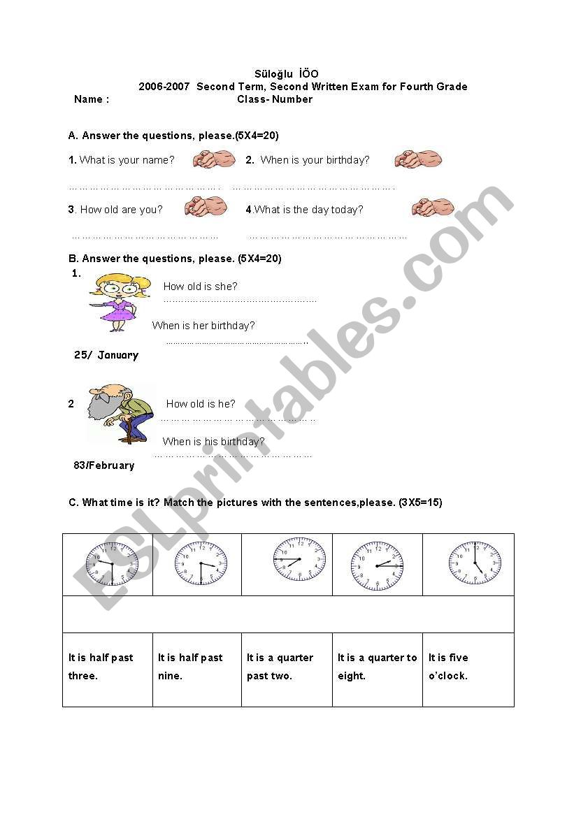 4th grade exam worksheet