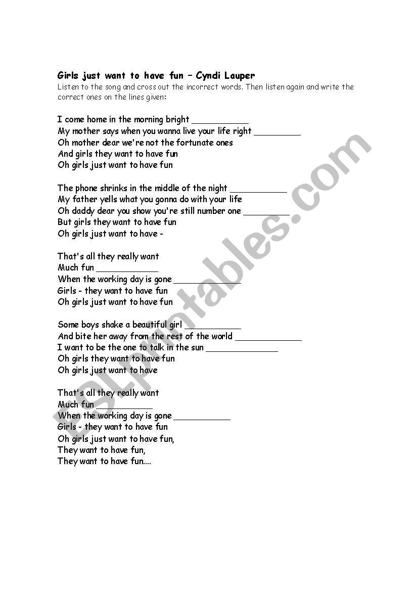 Cyndi lauper girls just want to have fun mp3 download English Worksheets Girls Just Wanna Have Fun