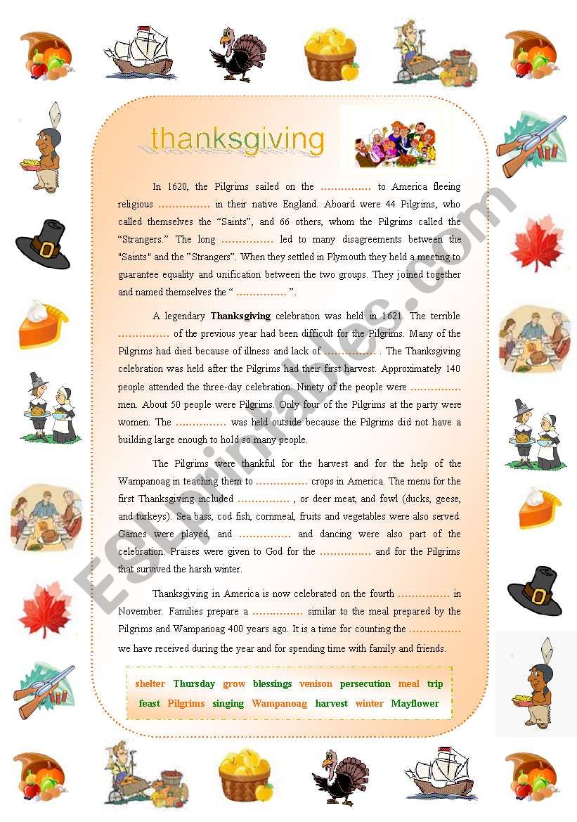Thanksgiving:  Complete-the-gaps reading with all the main Thanksgiving icons