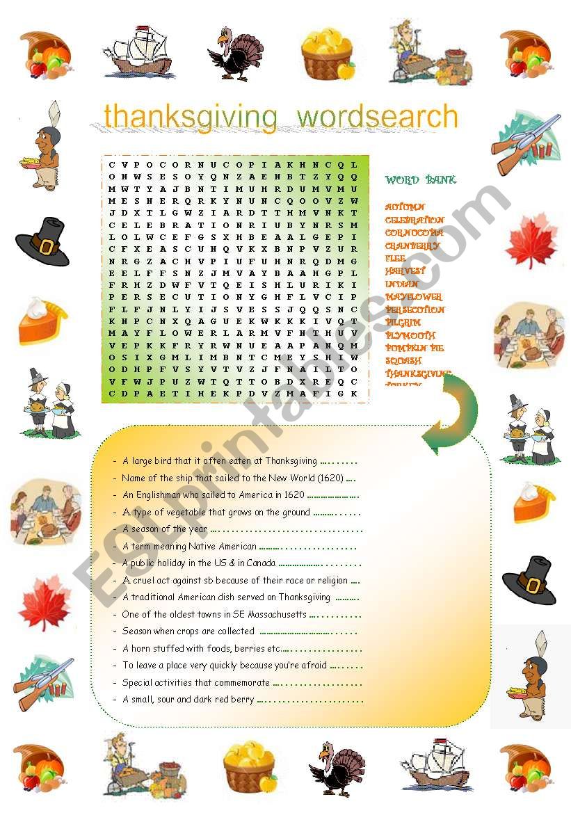 Thanksgiving:  Word search & definition exercise including the major Thanksgiving vocabulary
