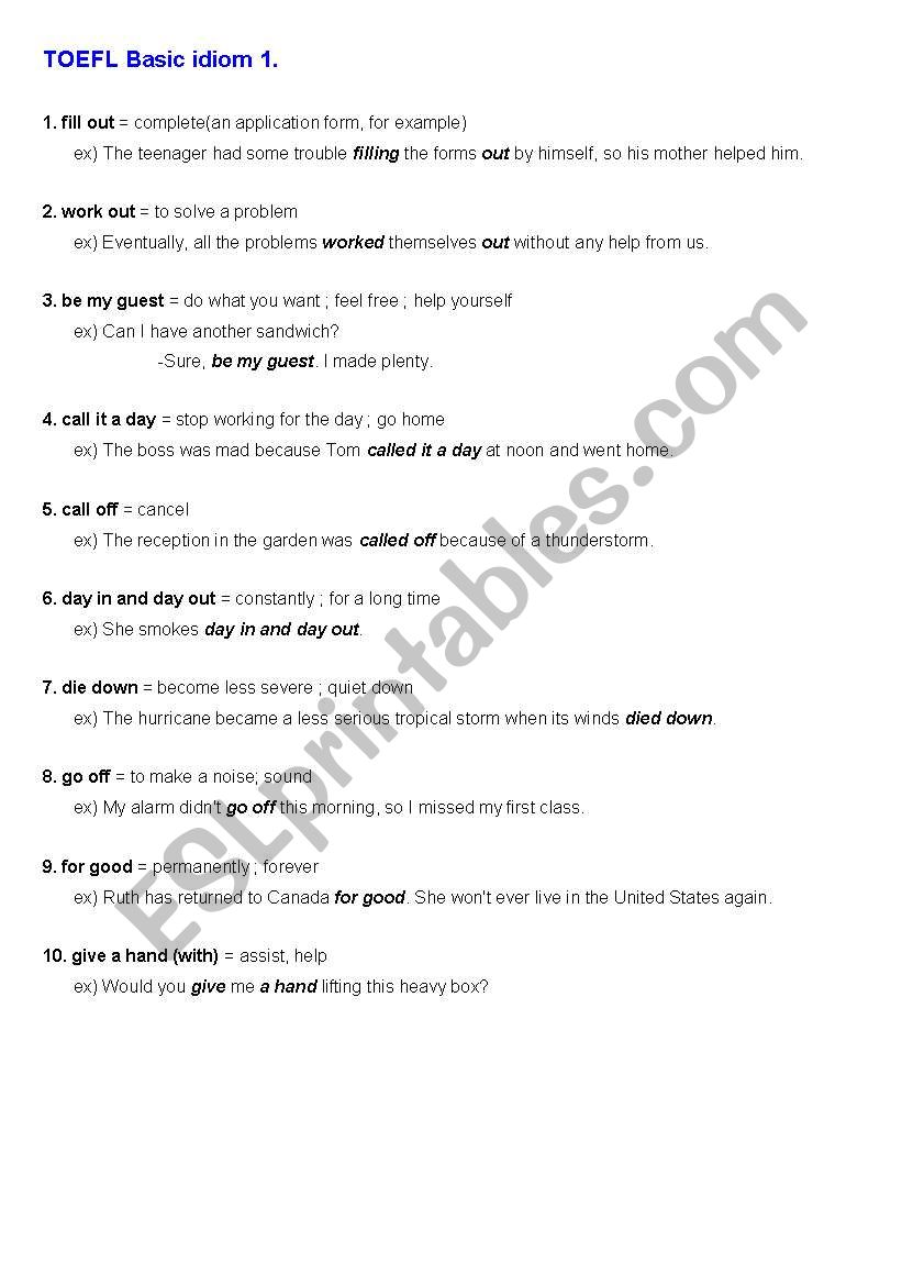 TOEFL idioms worksheet