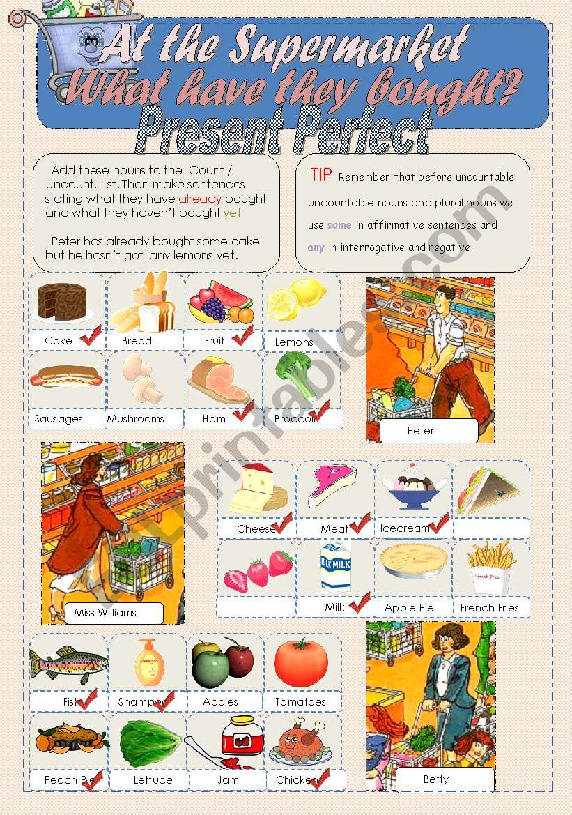 Present Perfect WS3  Part 2/2-Extra Practice with already  yet  combined with Countable and Uncountable Nouns  and Use of Some/ Any . 
