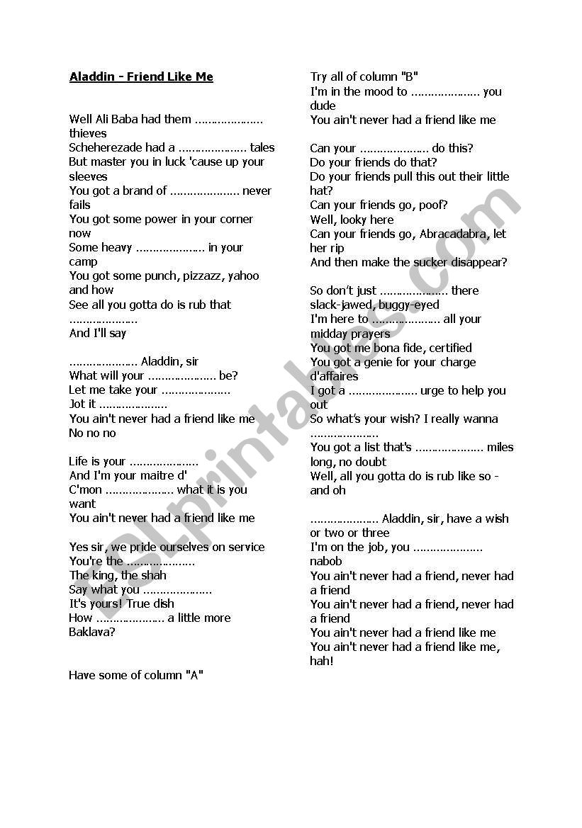 Aladdin - Friend like me worksheet