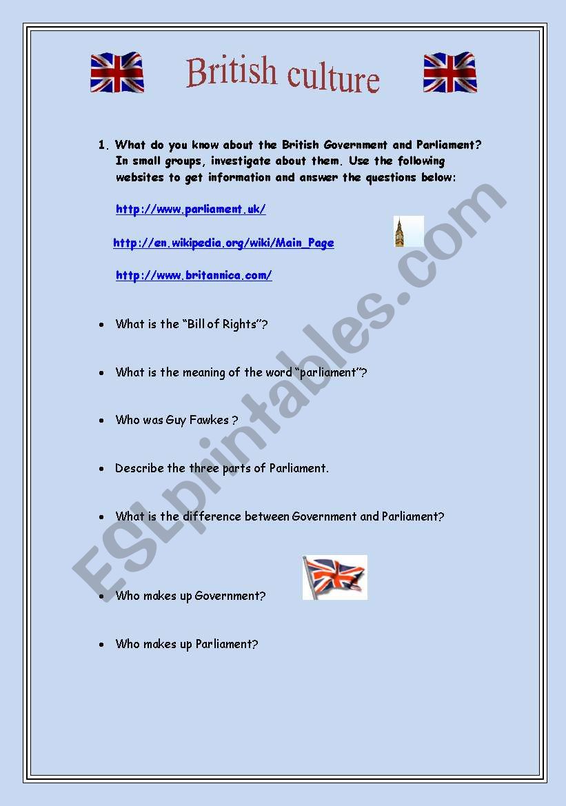 British Culture worksheet