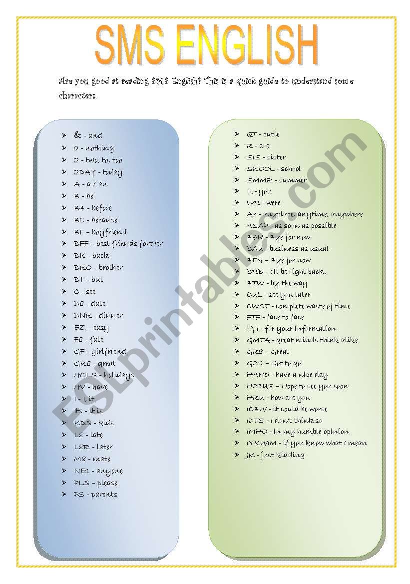 SMS ENGLISH worksheet