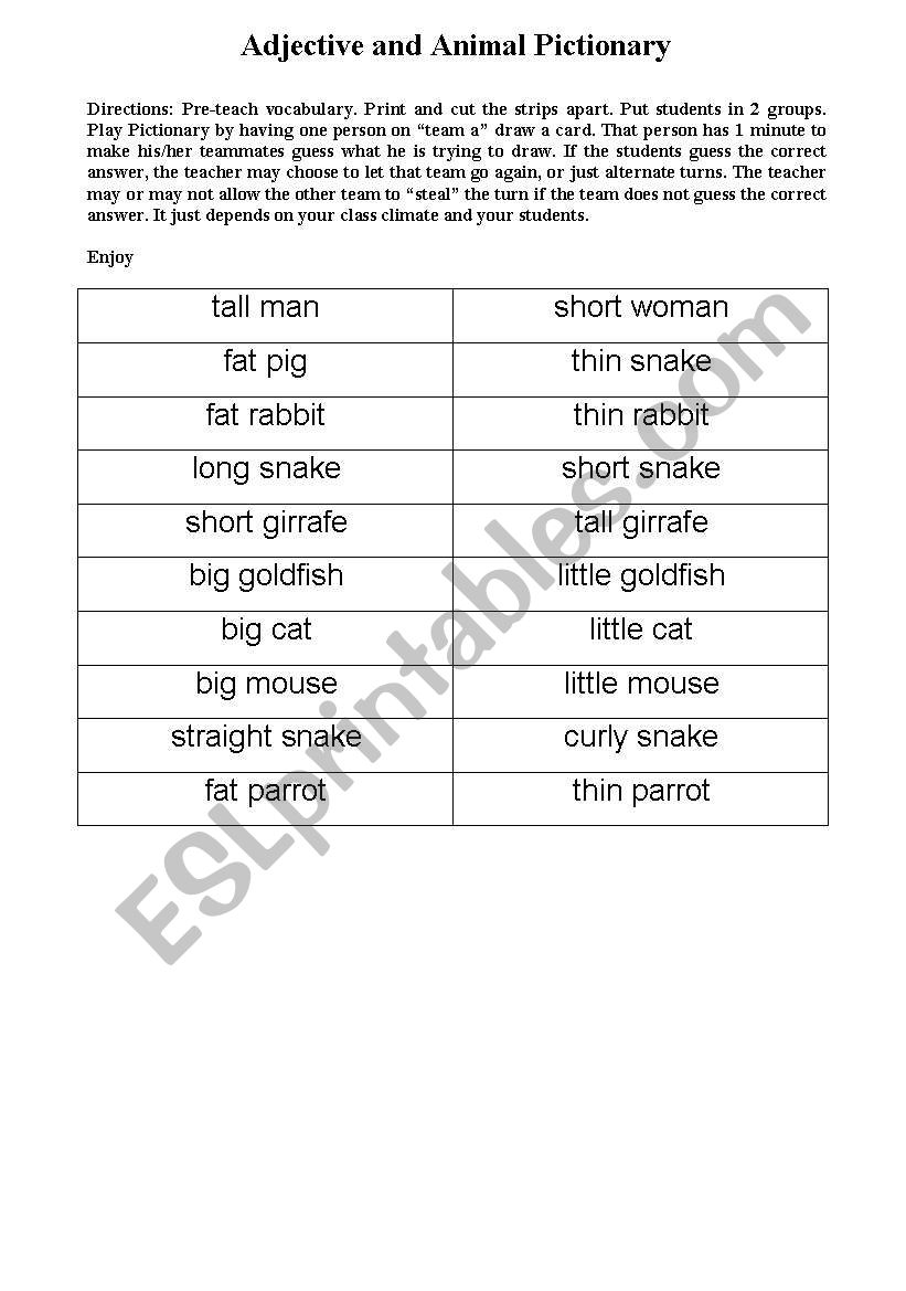 Adjective and Animal Pictionary