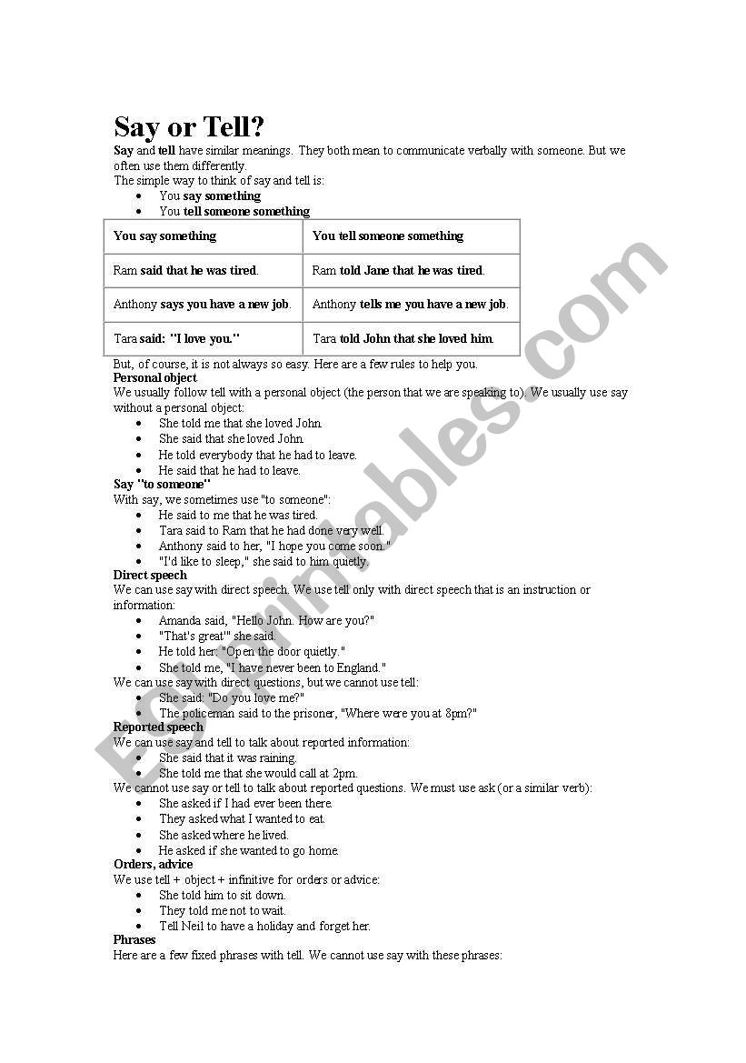 To Tell and To Say worksheet