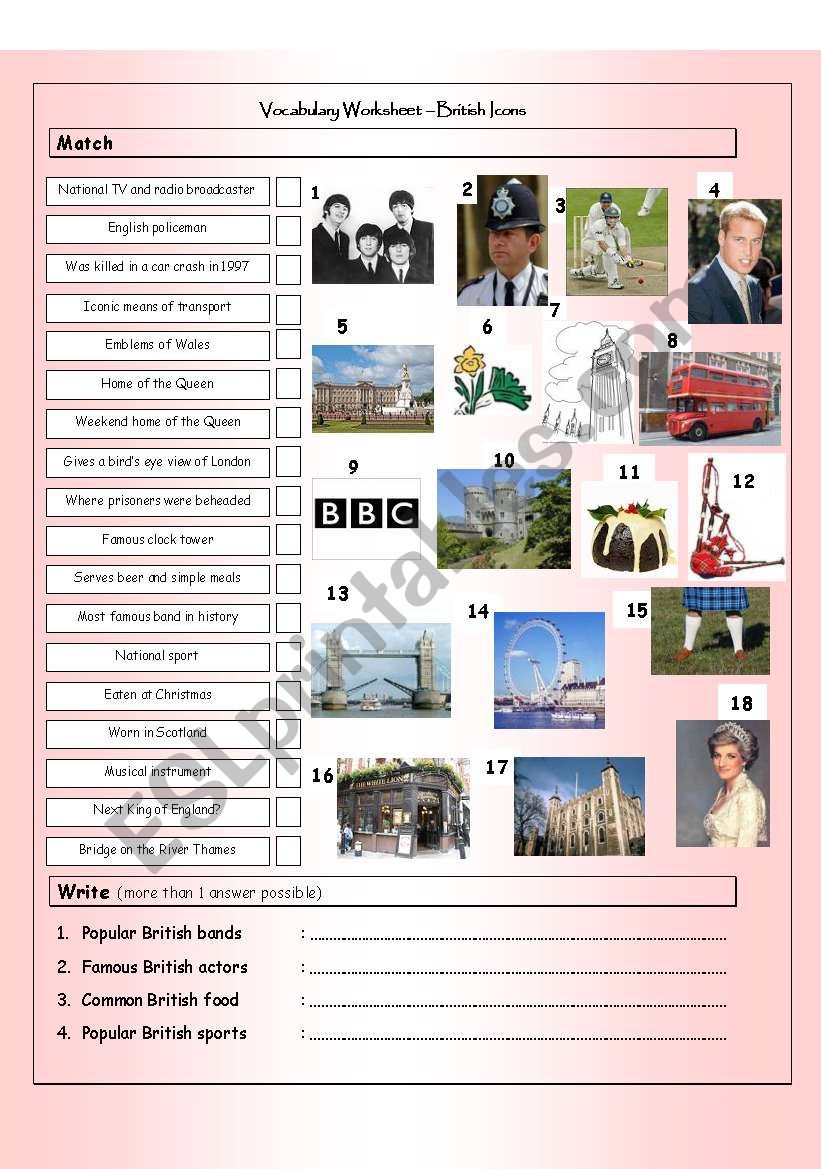 Vocabulary Matching Worksheet & Quiz - BRITISH ICONS & LANDMARKS