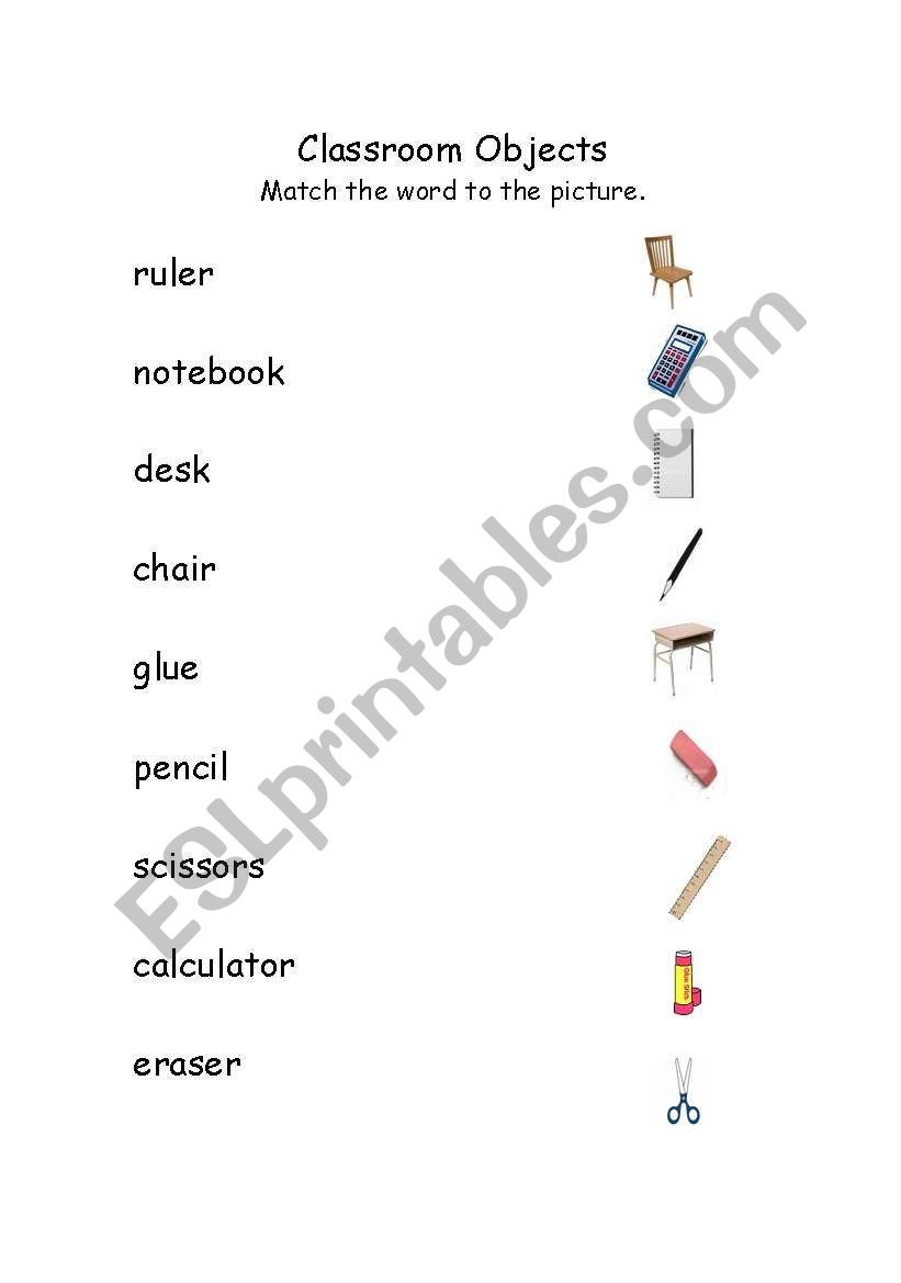 classroom objects matching worksheet