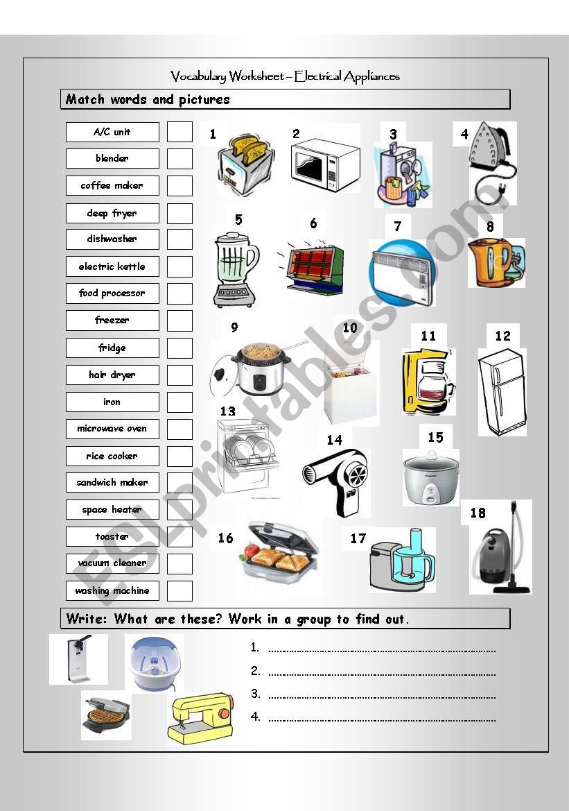 Vocabulary Matching Worksheet - HOME APPLIANCES