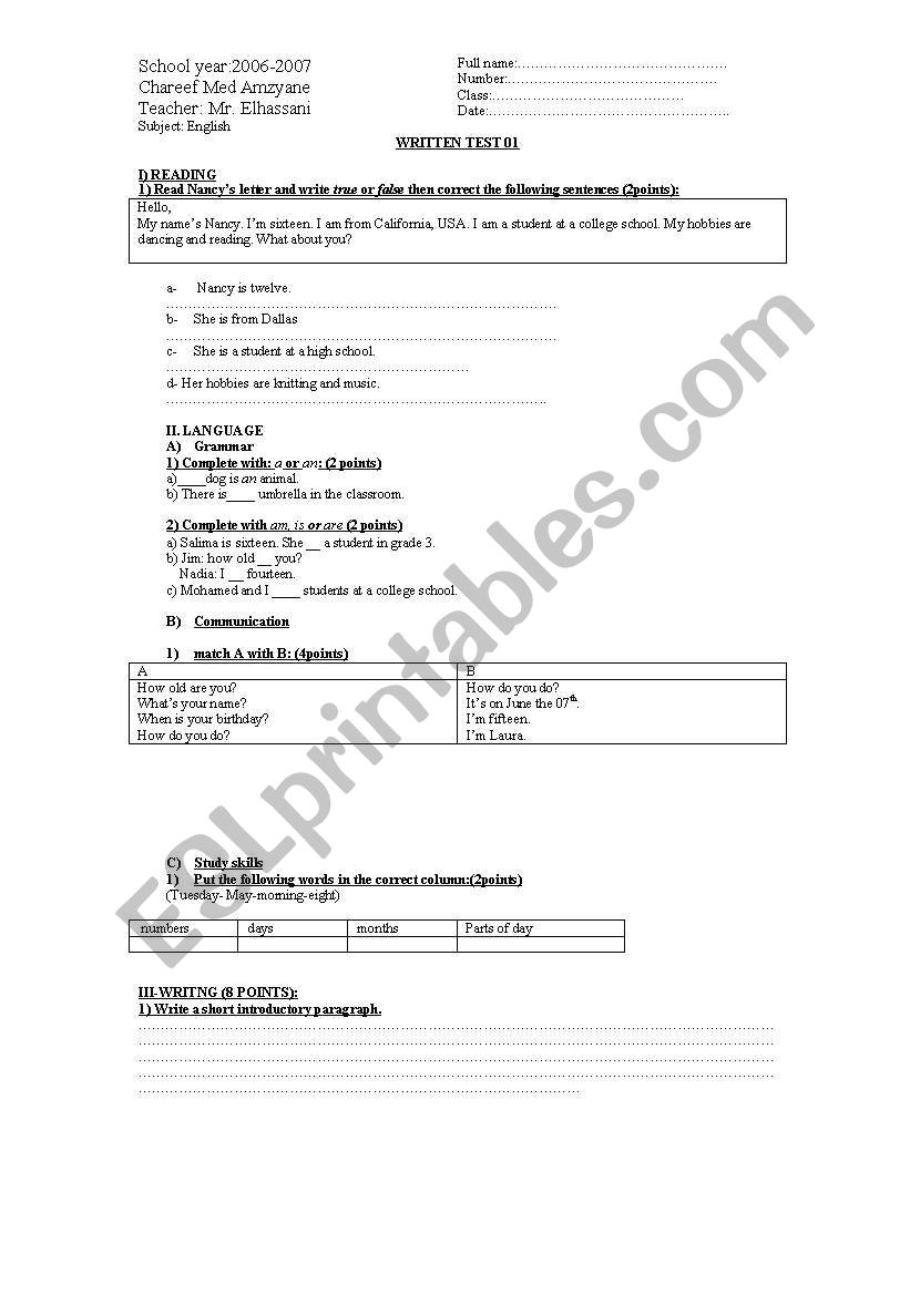Written test for elementary foreign students of English
