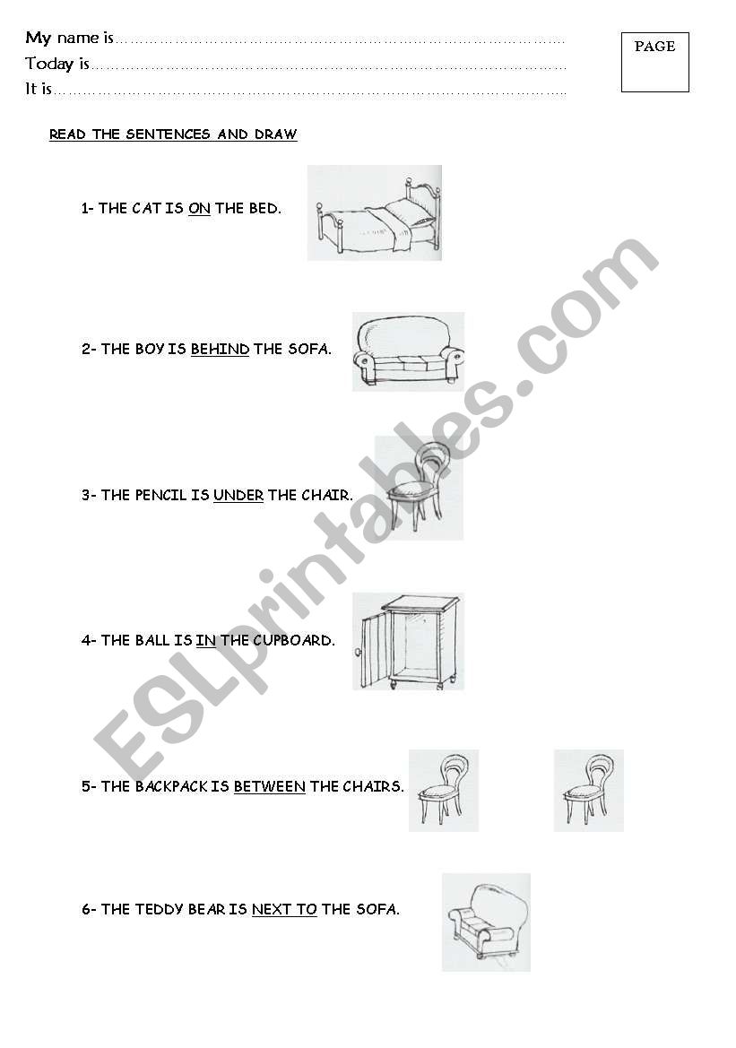 Prepositions: draw objects worksheet