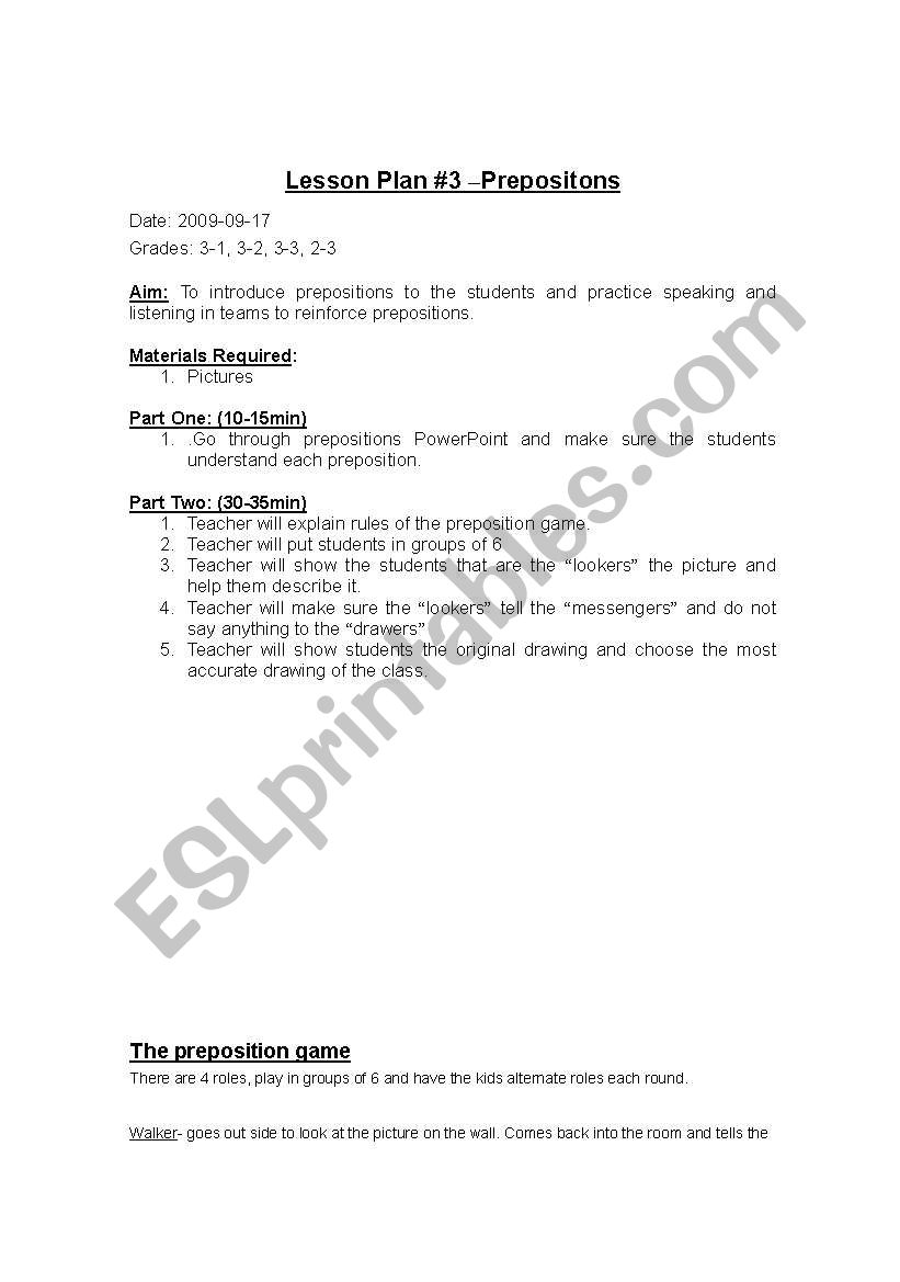 Preposition Lesson Plan worksheet