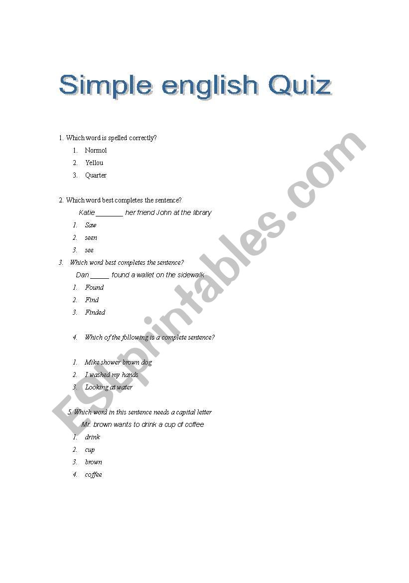 Quiz- Simple english  worksheet