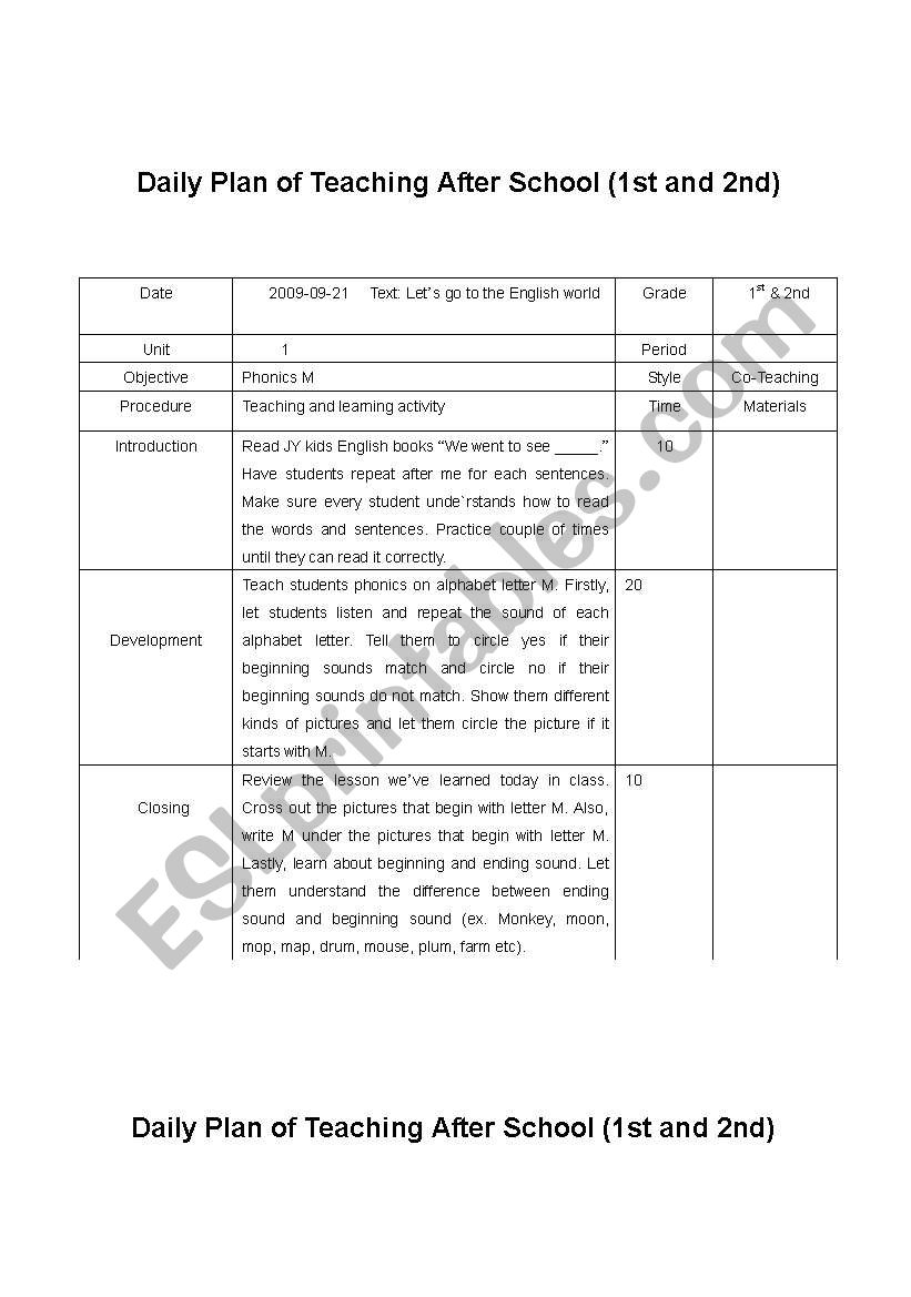 GRADE 1/2 LESSON PLAN worksheet