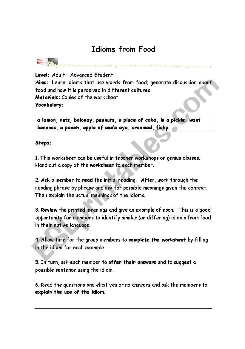Idioms from Food worksheet