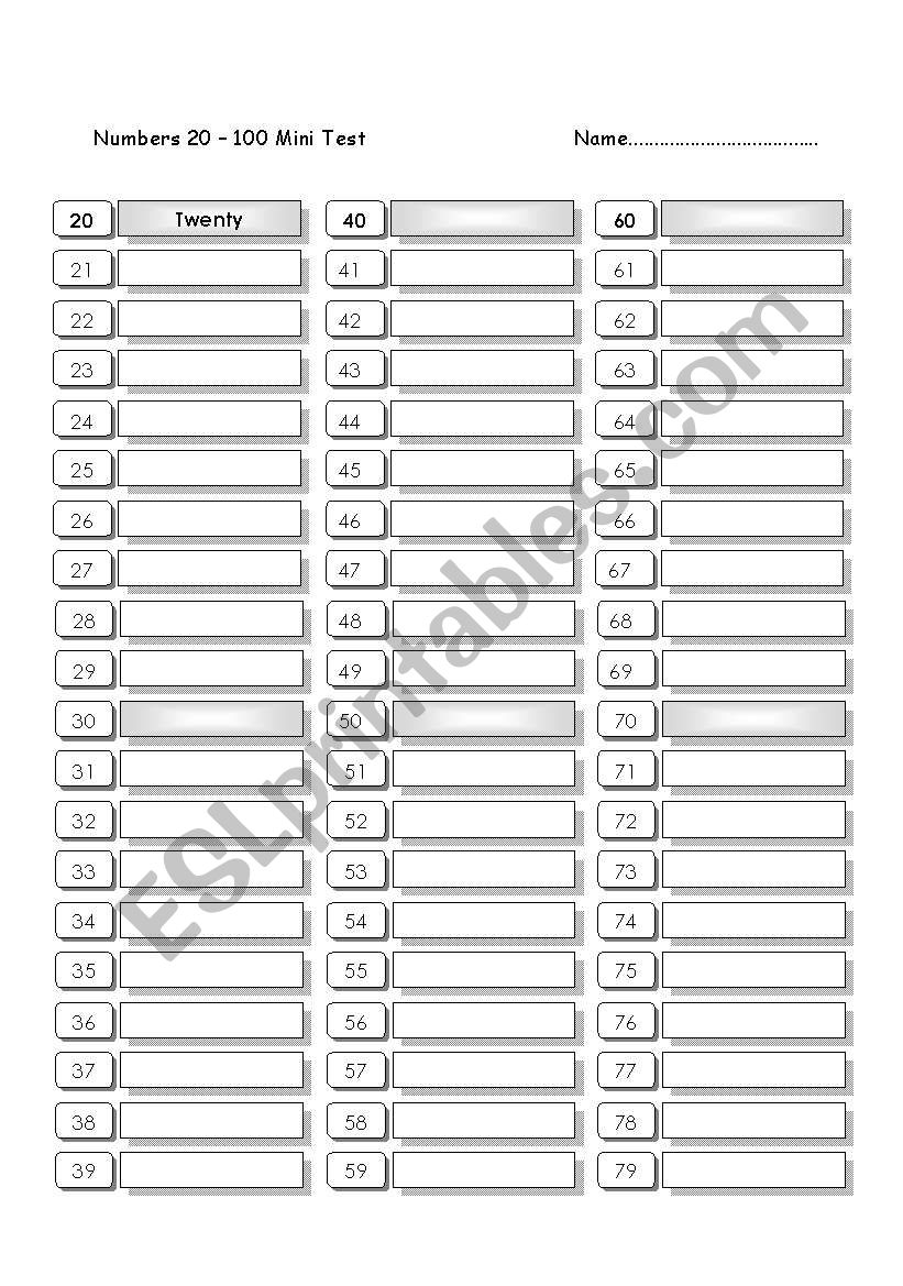 Numbers 20 - 100 Writing Mini Test