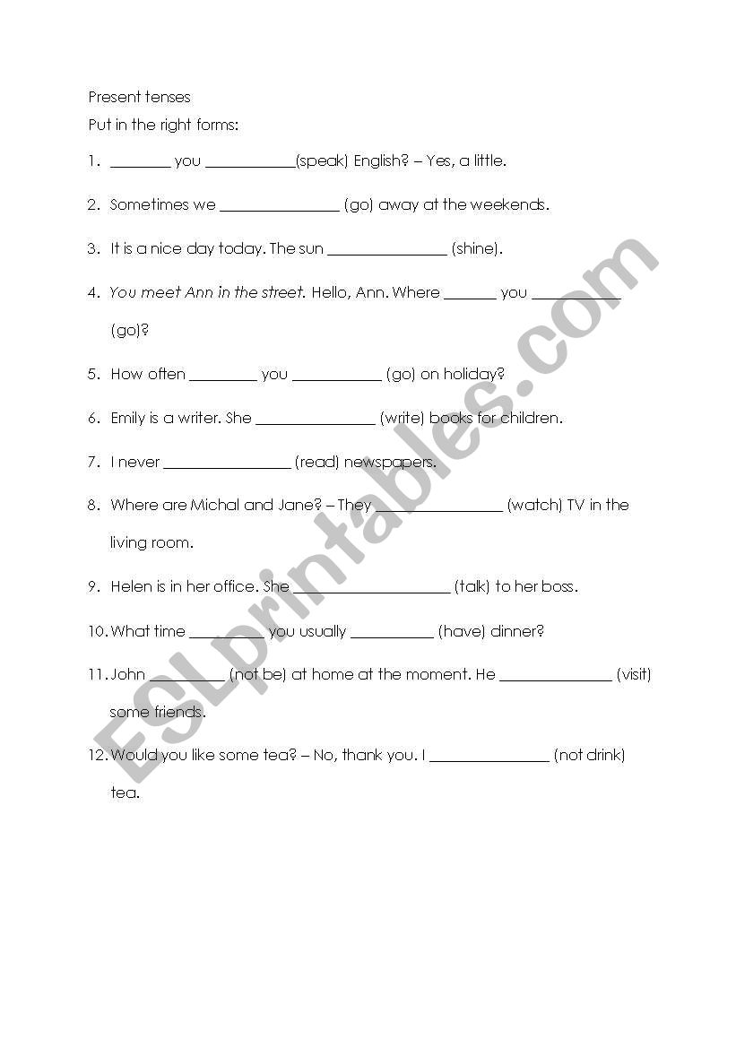 Present tenses worksheet