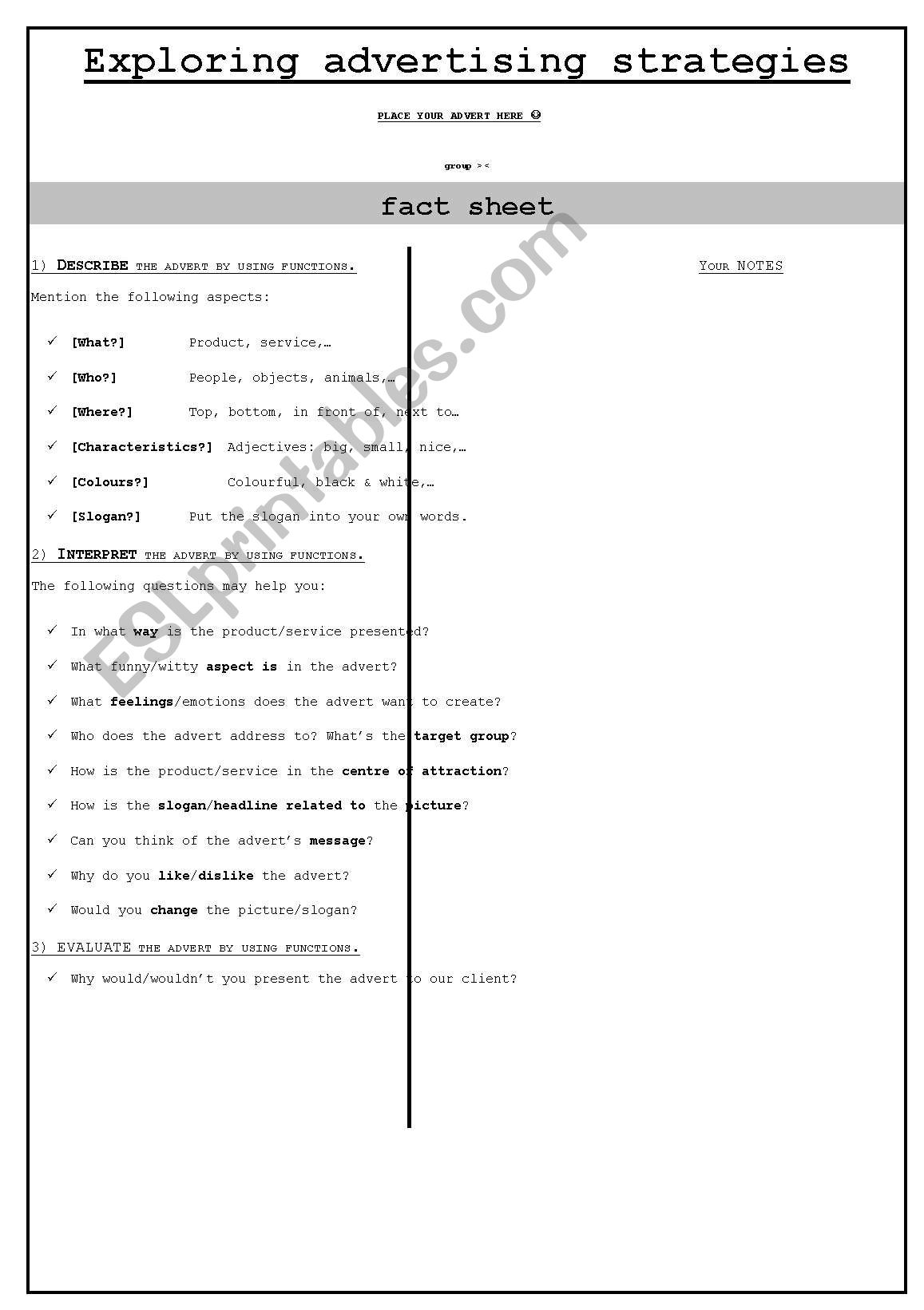 Analyzing adverts assessent sheet