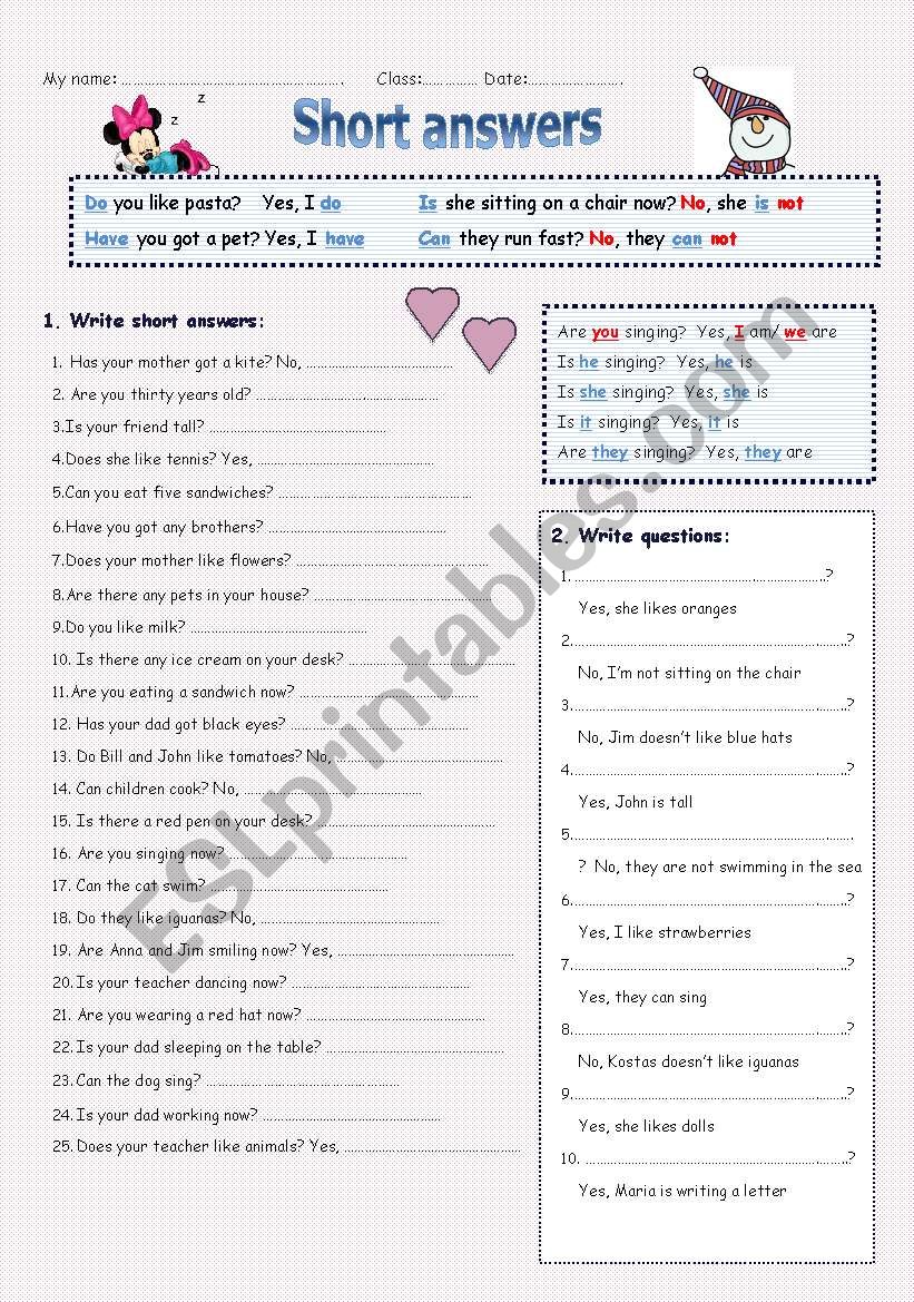 Short answers & questions worksheet