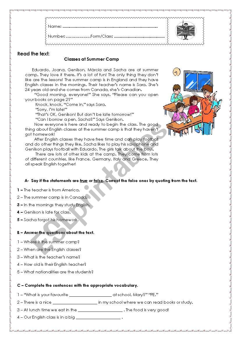 7th Grade Test - School Life worksheet