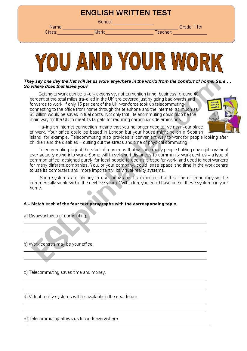 Test - you and work  worksheet