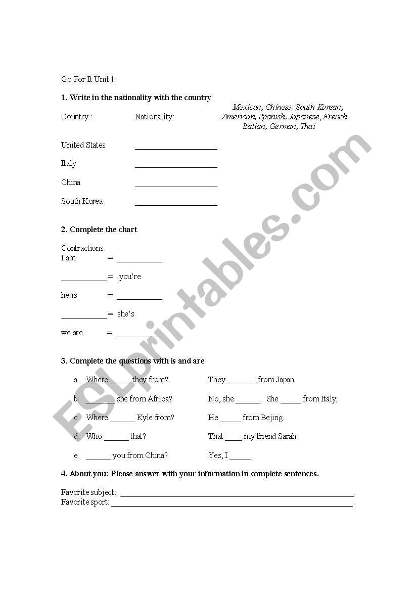 Nationalities worksheet