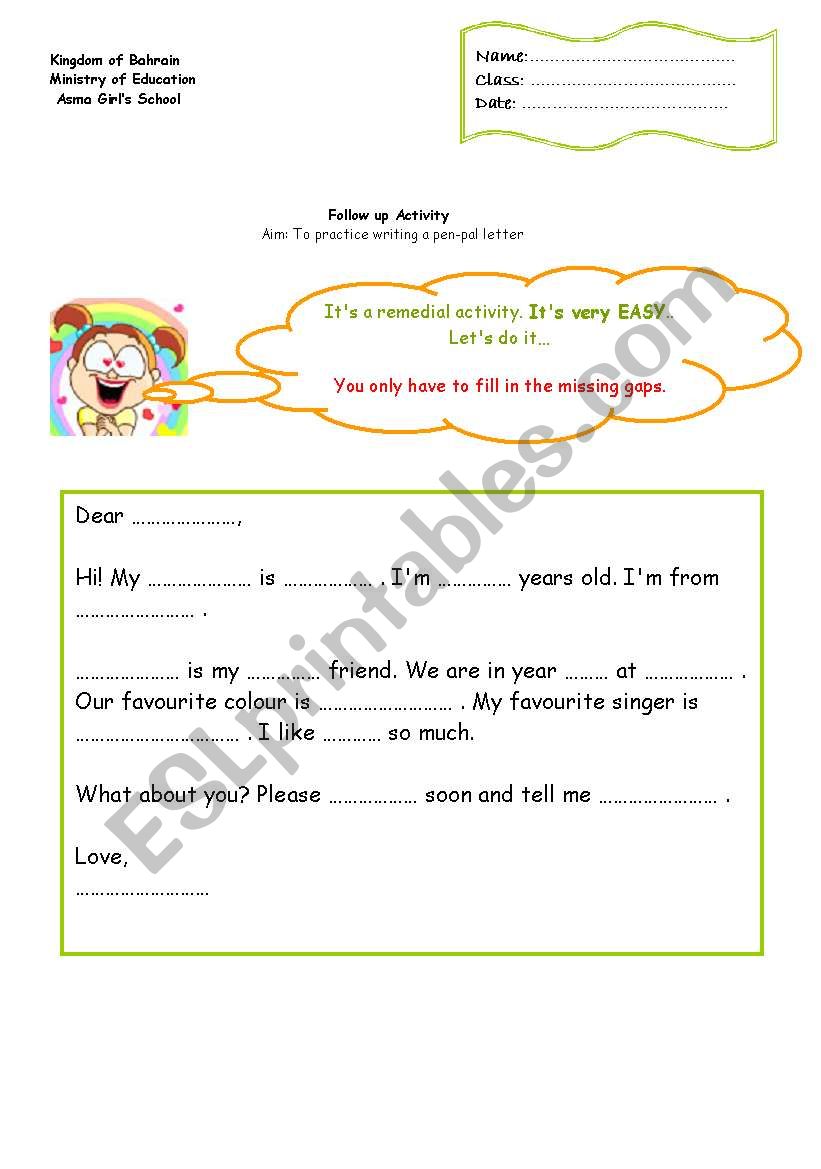 a pen-pal letter - ESL worksheet by Nawra20 Throughout Pen Pal Letter Template