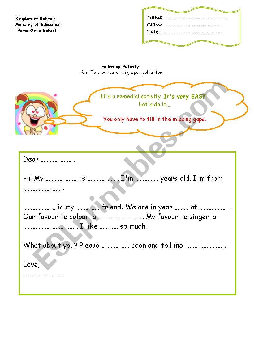 a pen-pal letter worksheet