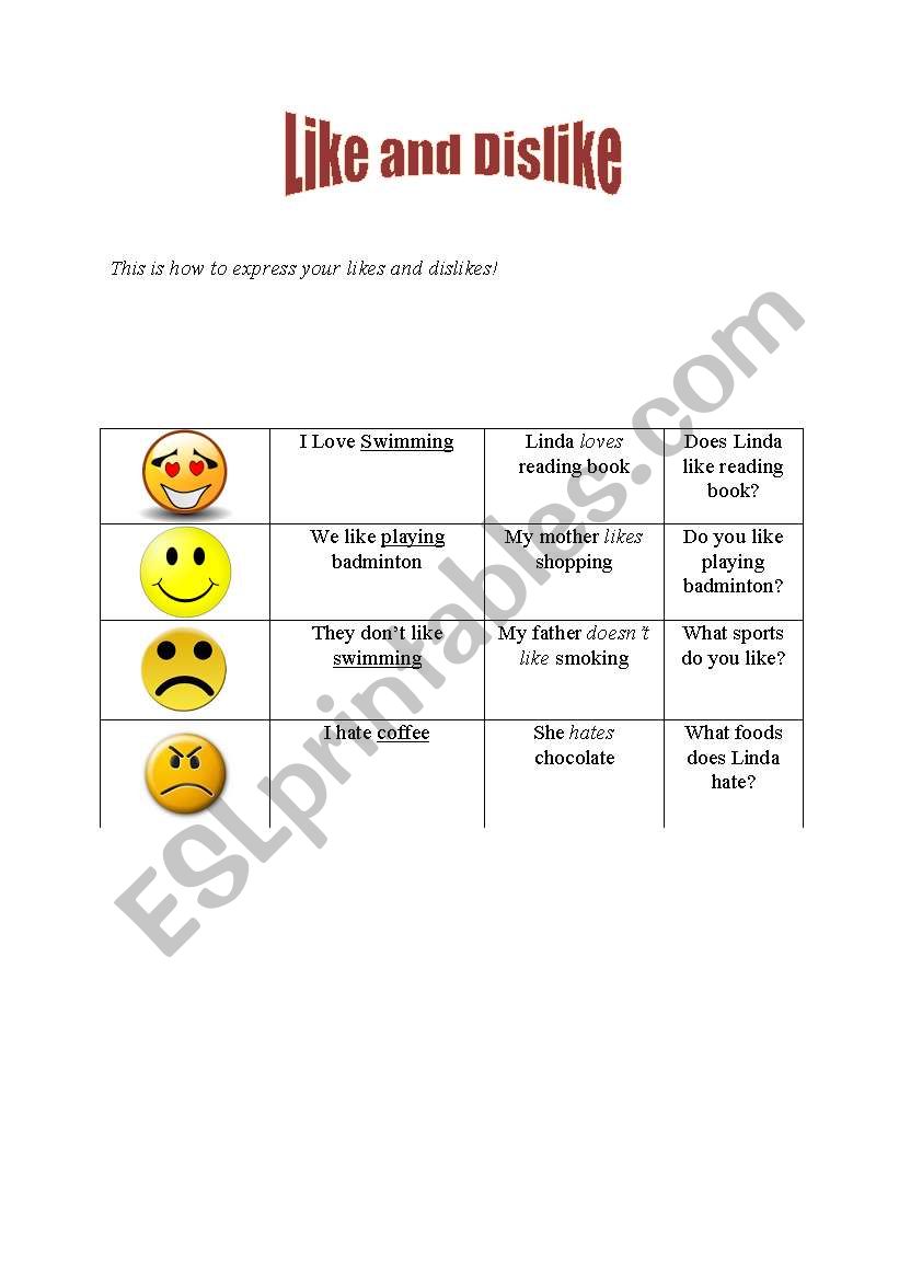 Likes and dislike worksheet
