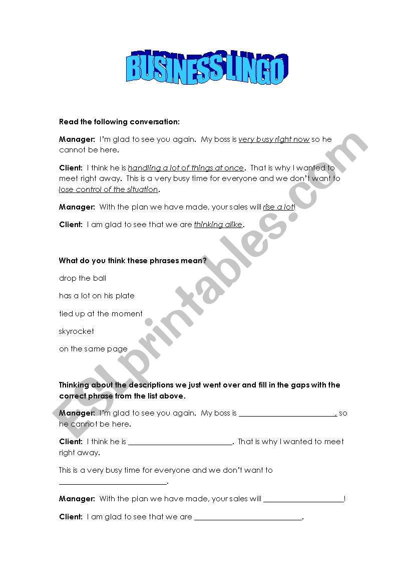 Business Lingo worksheet