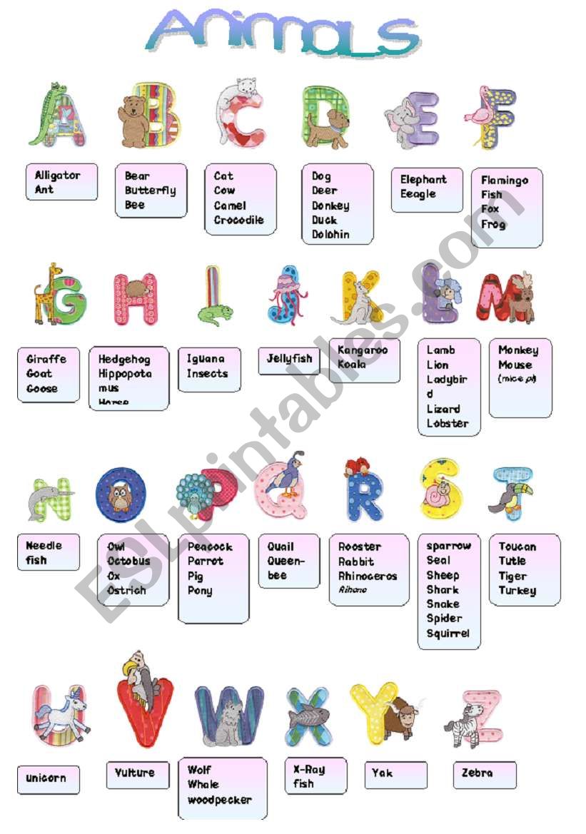 animals alphabet worksheet