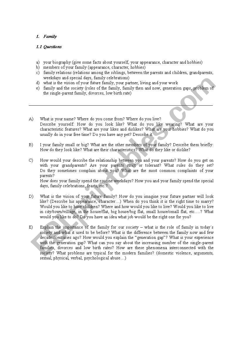 Final Exam Topic: Family worksheet