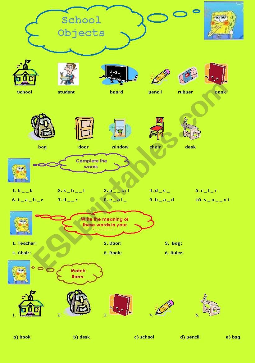 School Objects worksheet