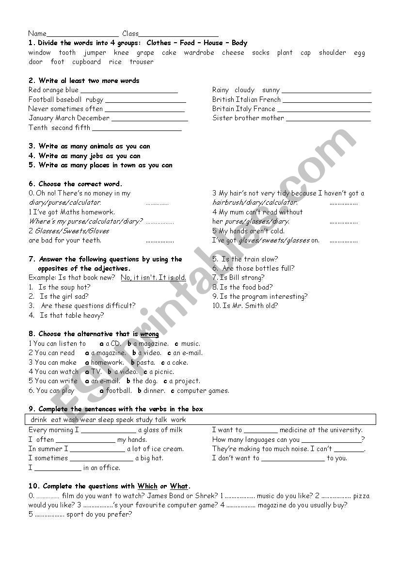 vocabulary test worksheet