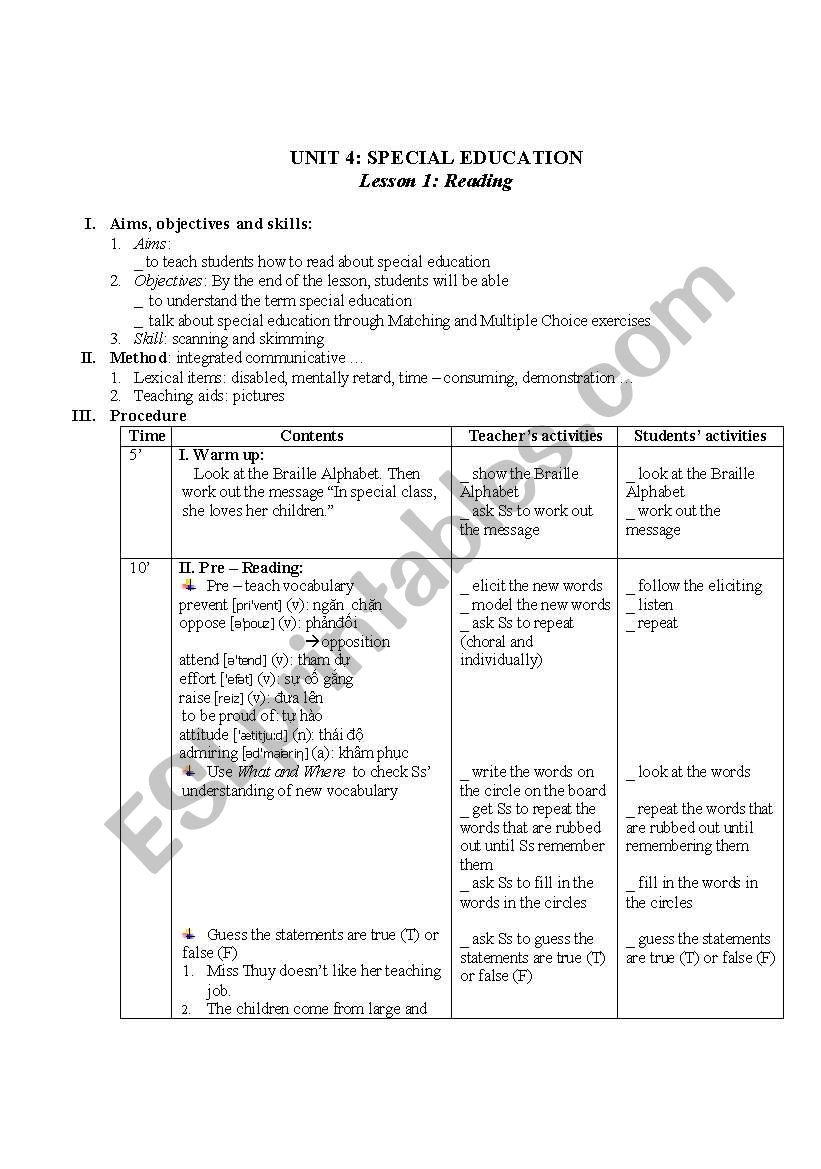 special education worksheet